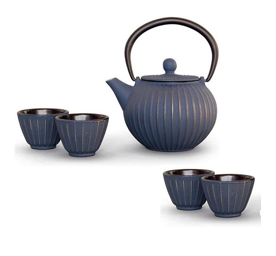 Wd lifestyle set teapot and 4 blue cast iron bowls
